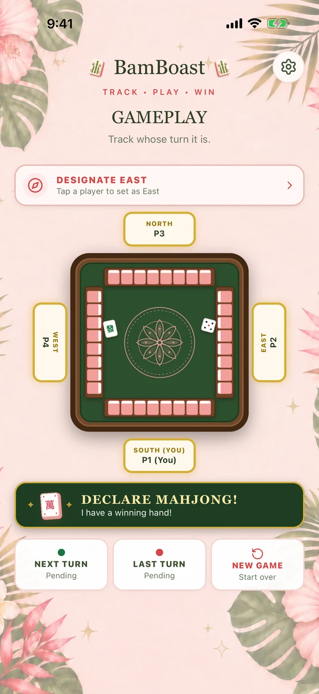 BamBoast gameplay screen showing a square Mah Jongg table with four players and a Declare Mahjong button