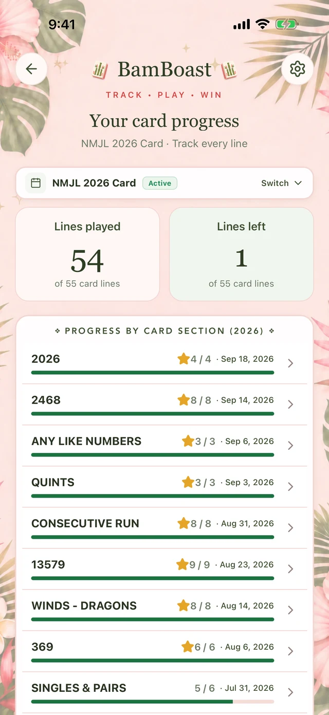BamBoast line tracker screen with lines played, lines left, and progress by card section