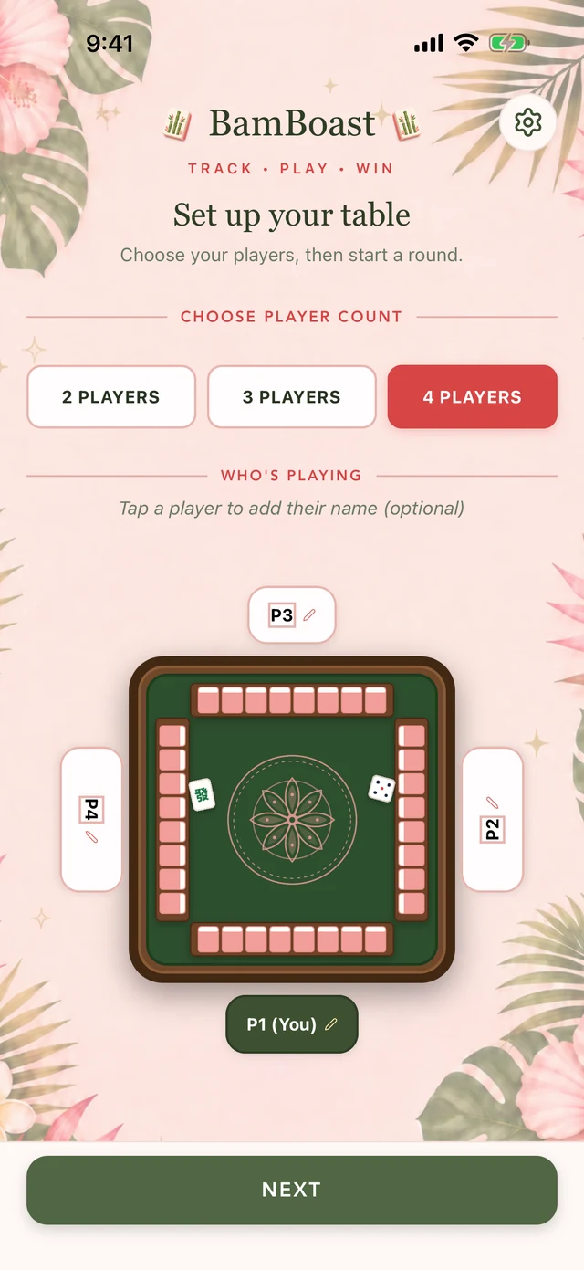 BamBoast game setup screen with a four-player table and editable player names
